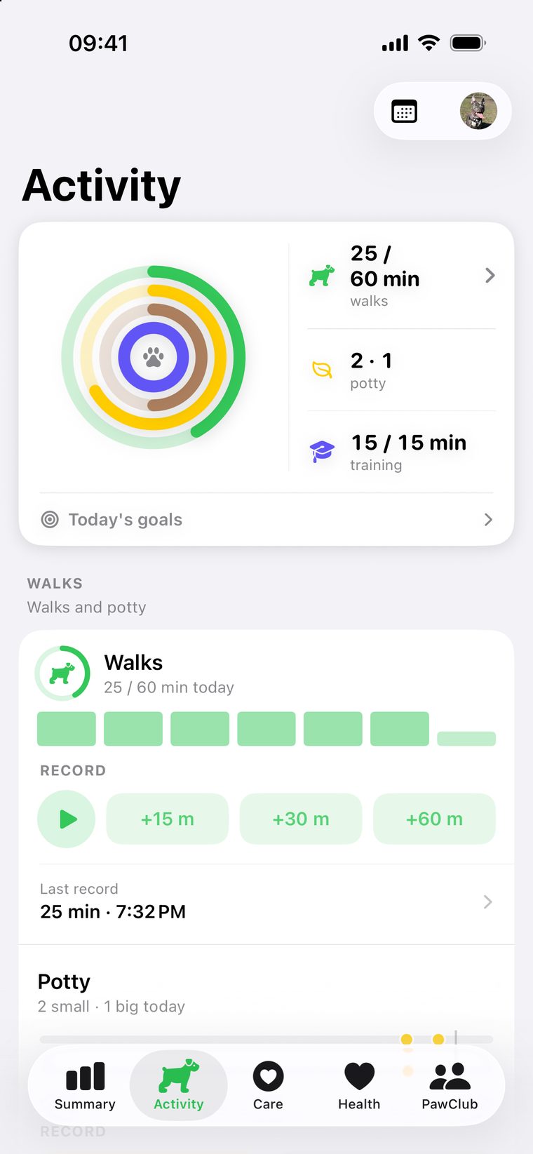 Activity — walk, potty and training rings with today's goals