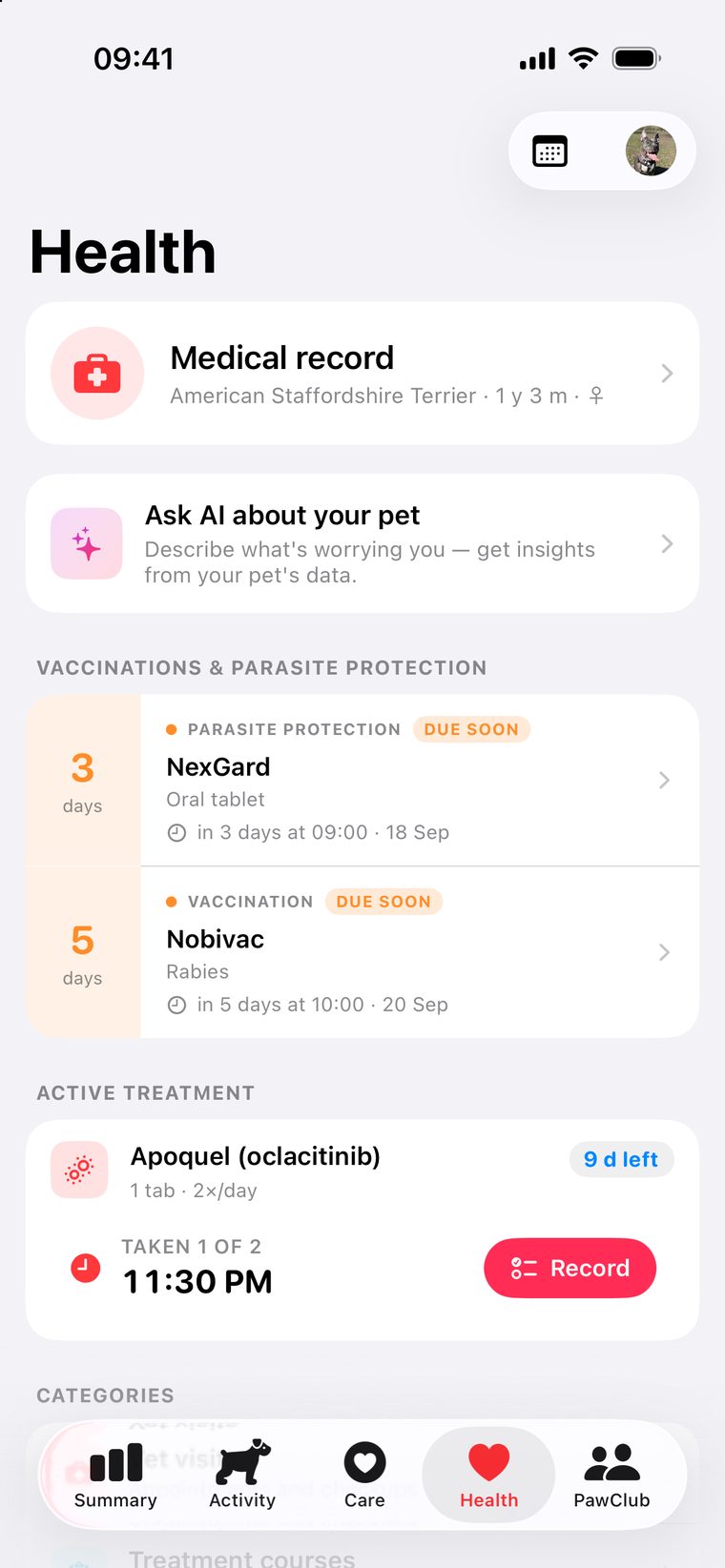 Health — medical card, upcoming parasite protection and vaccines, active treatment