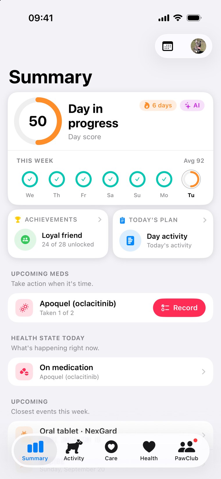 PawKit Summary — day score, streak, weekly goals and today's health