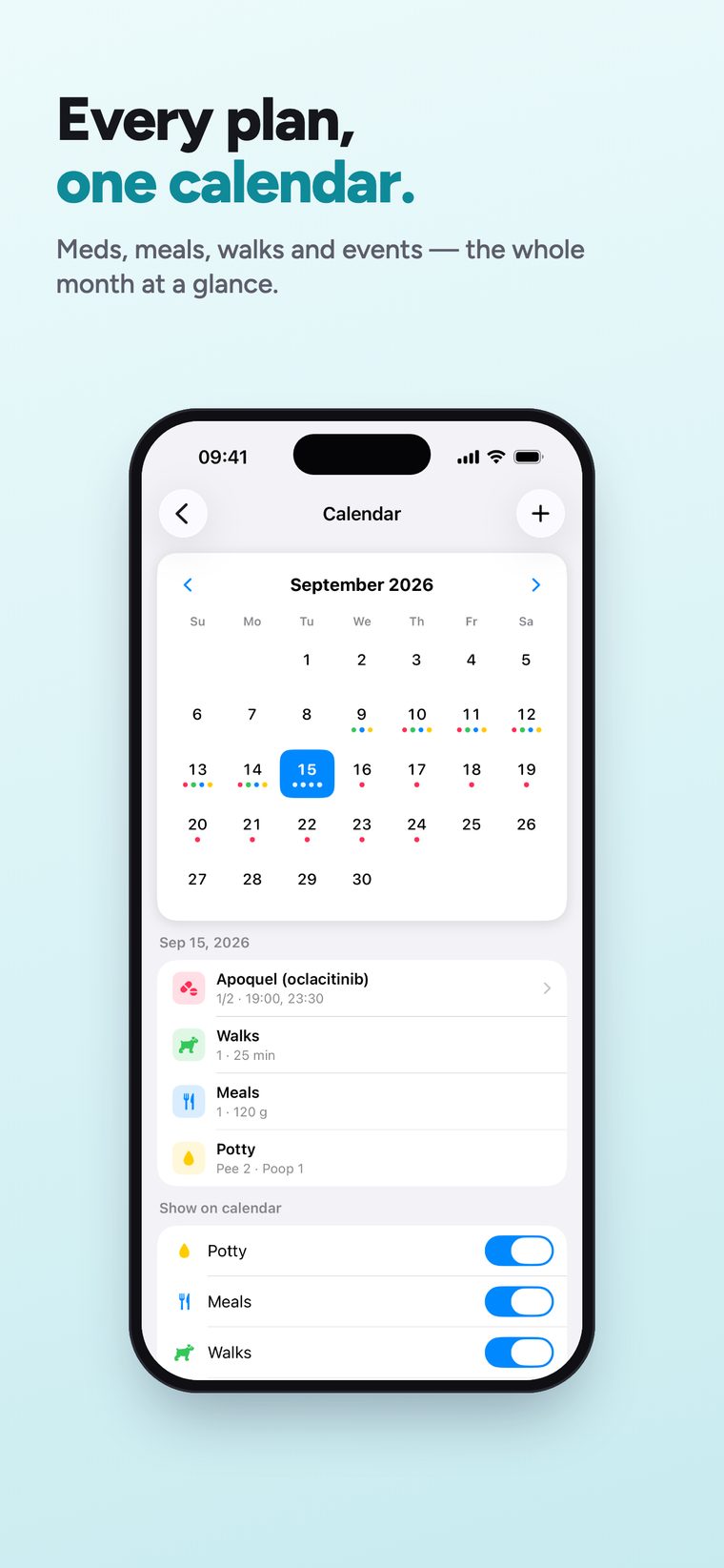 Calendar screen — meds, meals, walks and PawClub events across the whole month