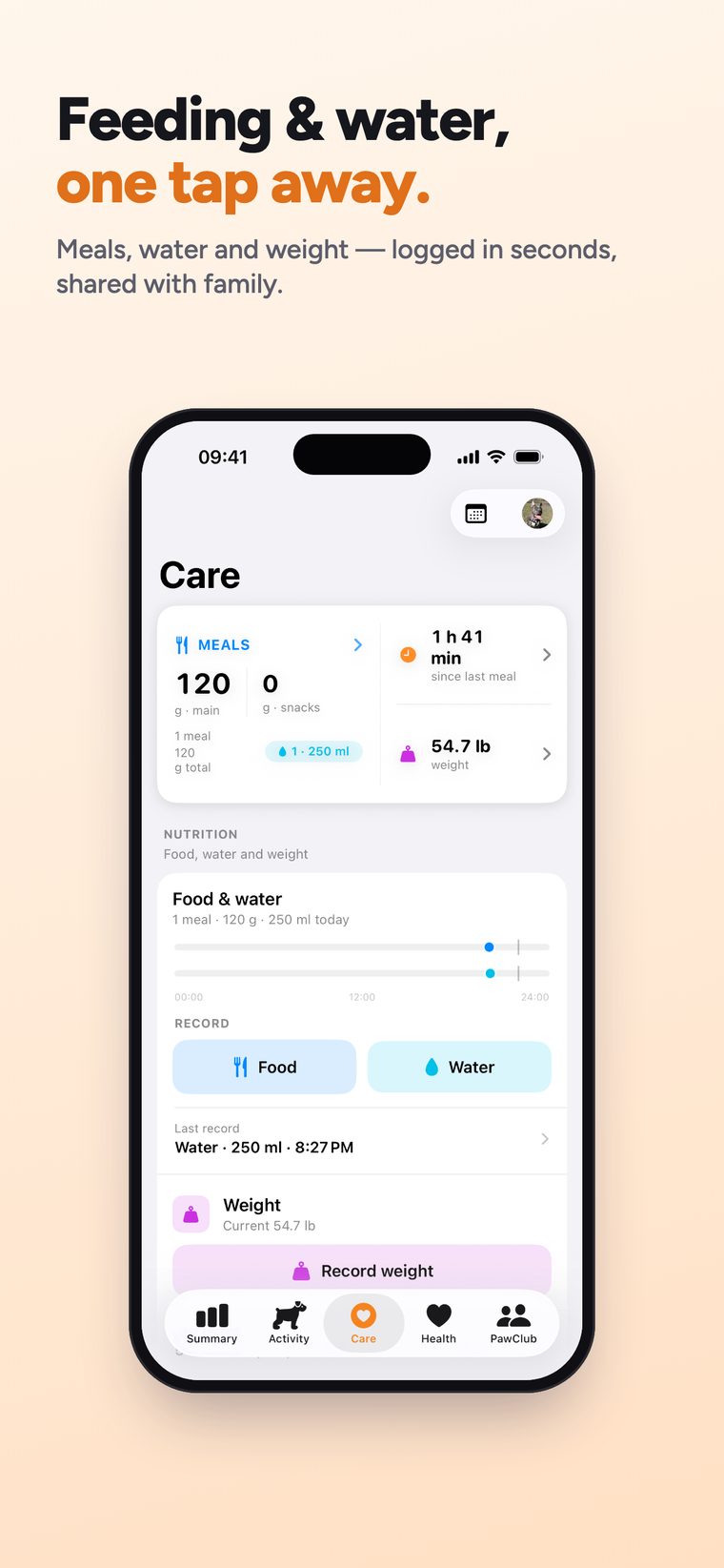 Care screen — meals, water and weight logged in one tap