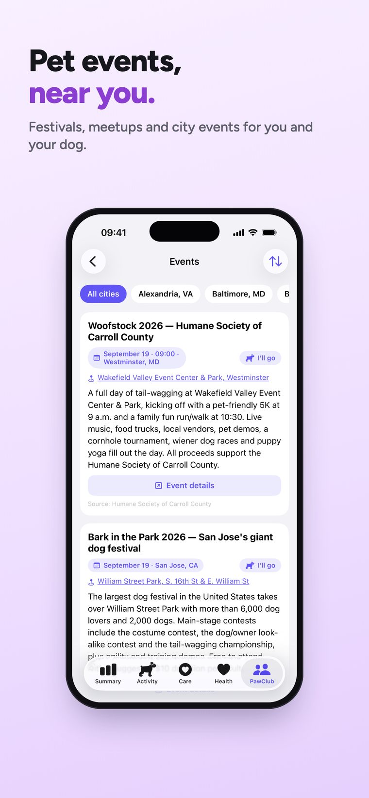 Events screen — pet festivals, meetups and city events near you