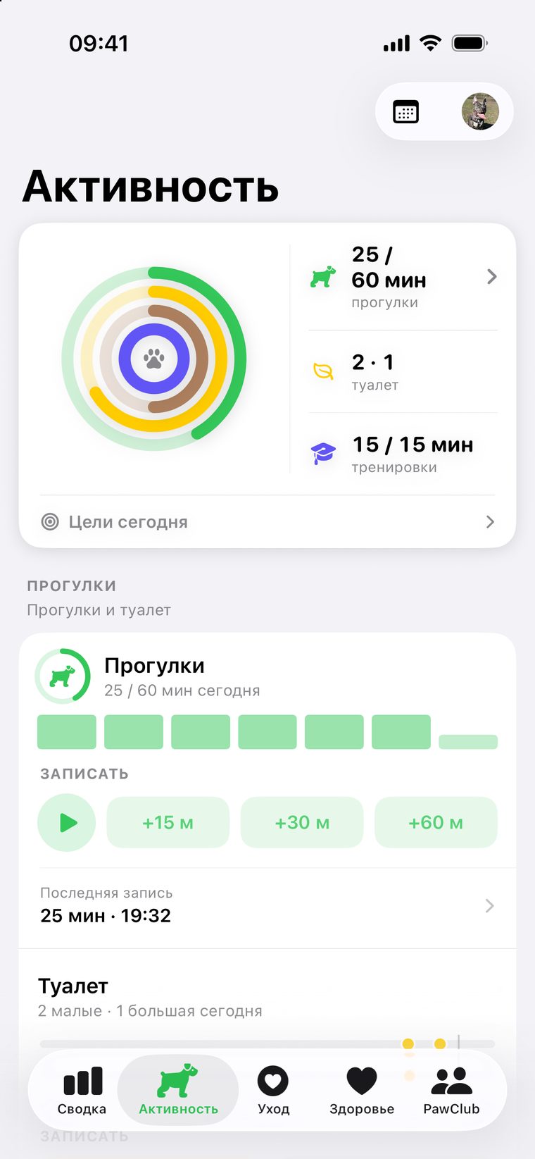 Активность — кольца прогулок, туалета и тренировок с целями на сегодня