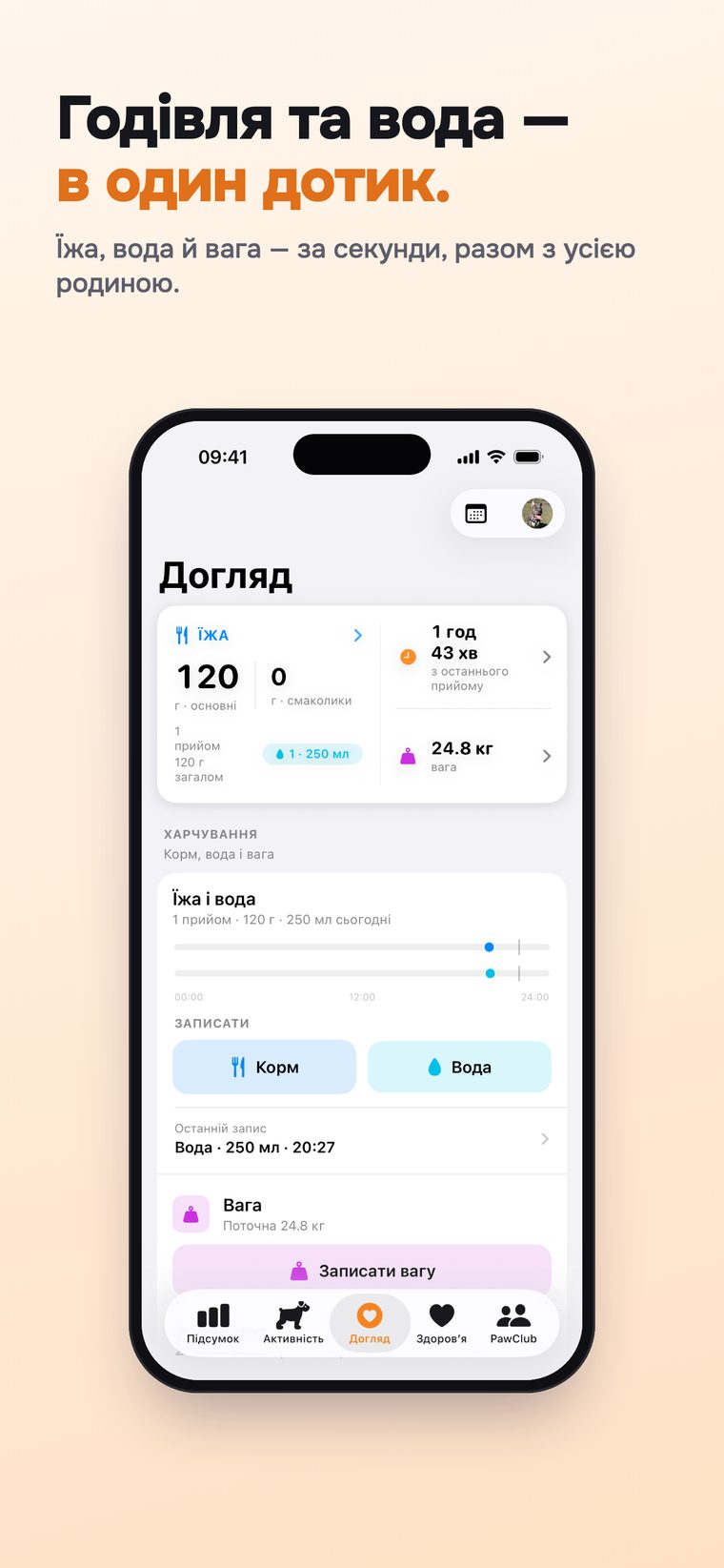 Екран догляду — їжа, вода й вага в один дотик